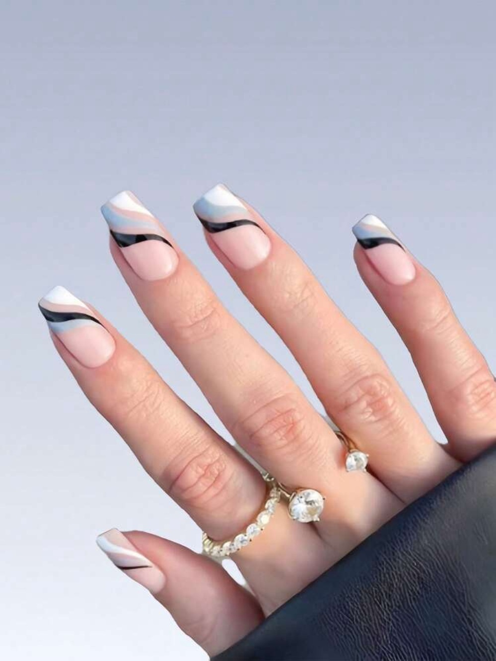 Neutral & White Black Blue Wave French Tip Press-On Nails & Nail Glue NWT